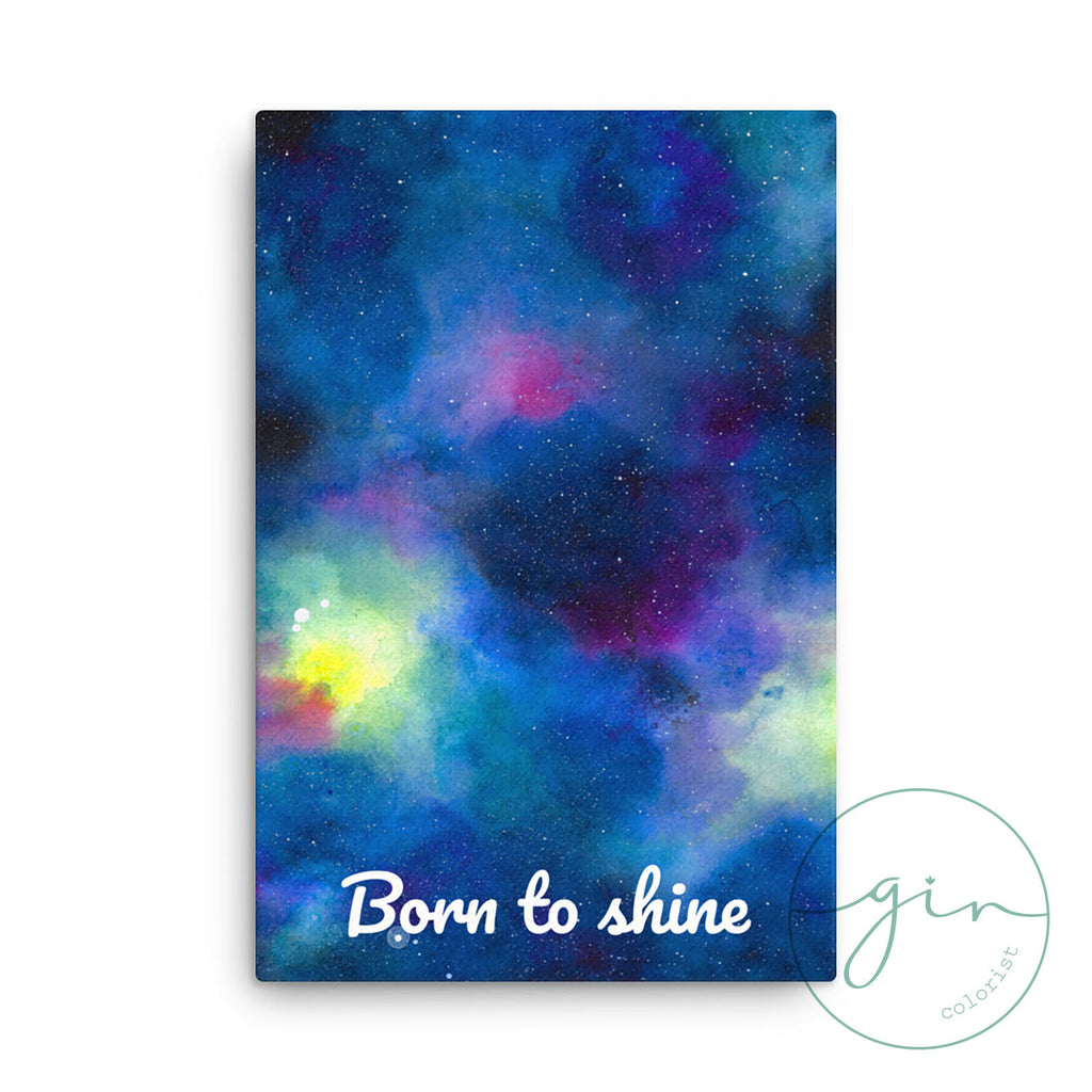 Lienzo inspirador Born to Shine acuarela galaxia púrpura regalo cumpleaños niños