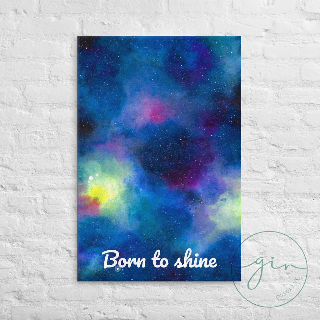 Lienzo galaxia acuarela pintada a mano frase Born to Shine decoración nórdica infantil