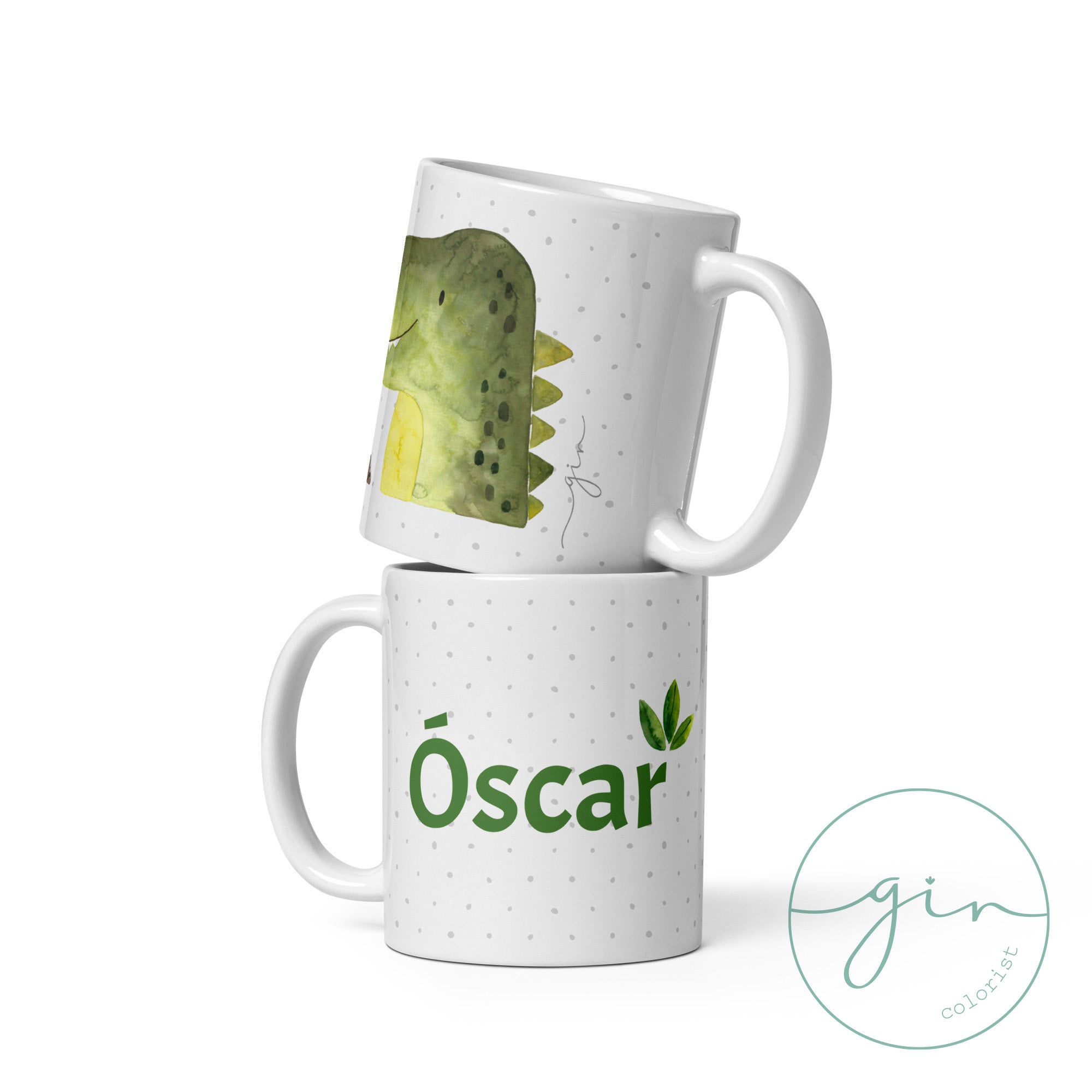 Detalle de ilustración de dinosaurio en acuarela en taza infantil personalizada GinColorist