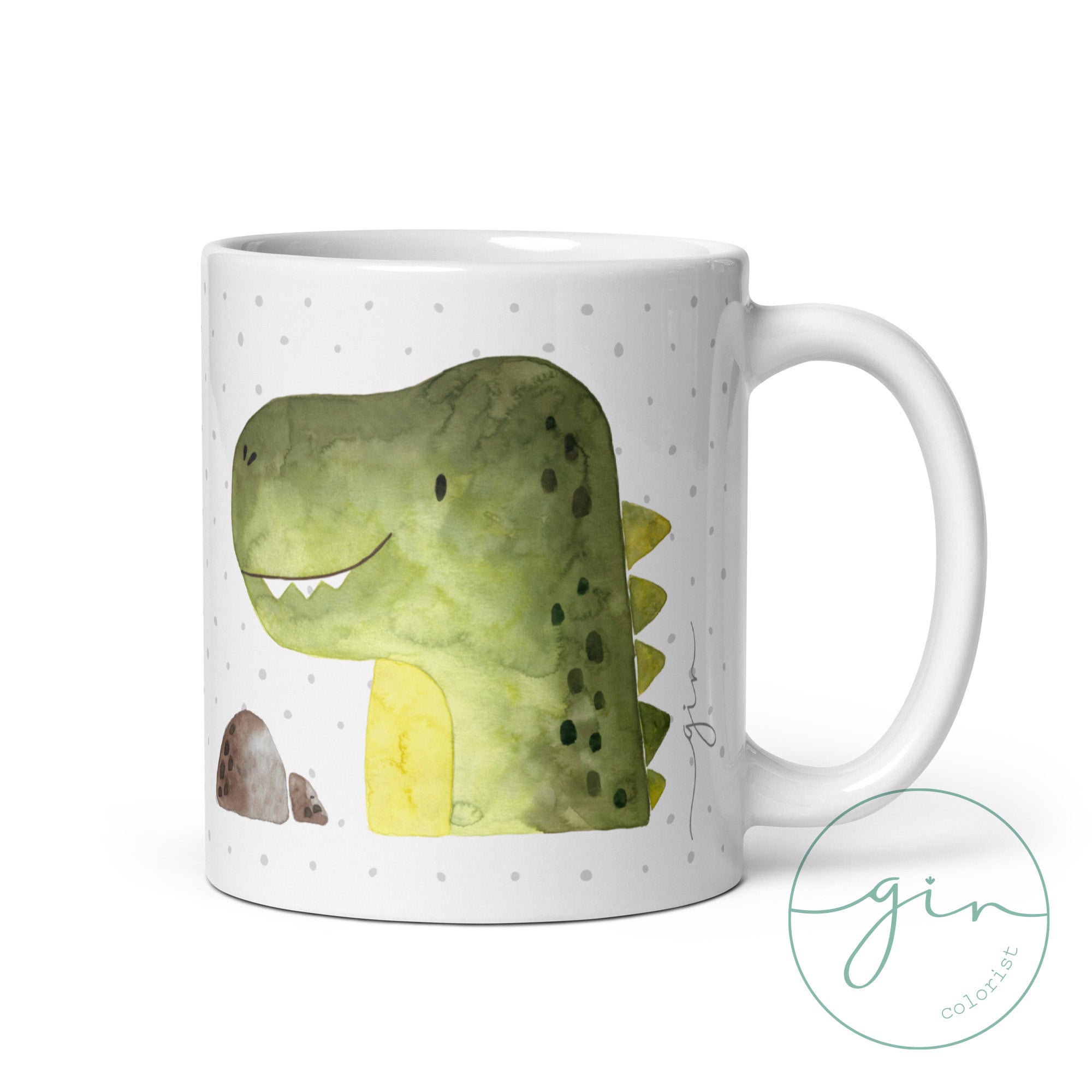 Detalle del nombre personalizado en taza de dinosaurio acuarela pintada a mano