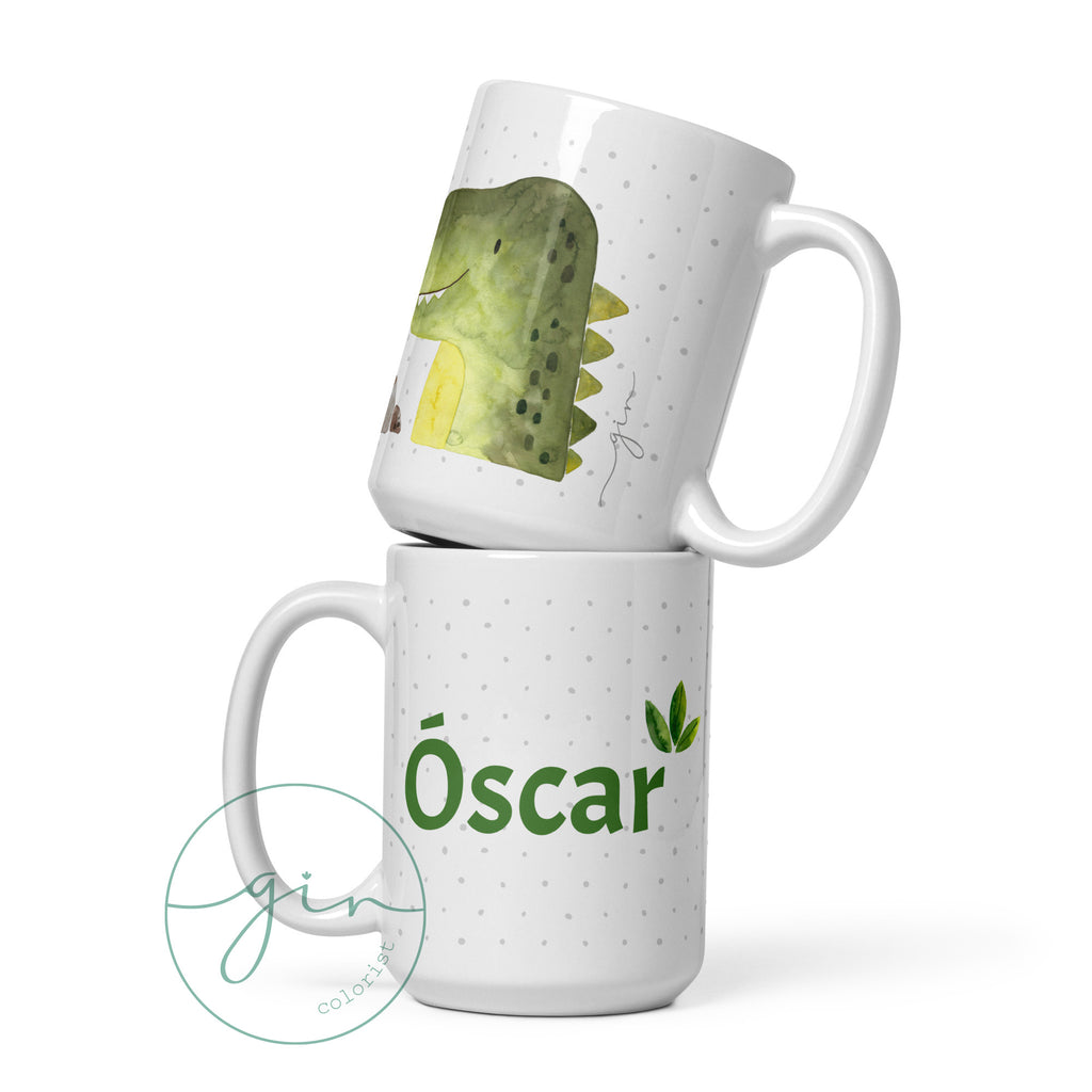 Taza cerámica infantil con dinosaurio acuarela y nombre personalizado vista frontal