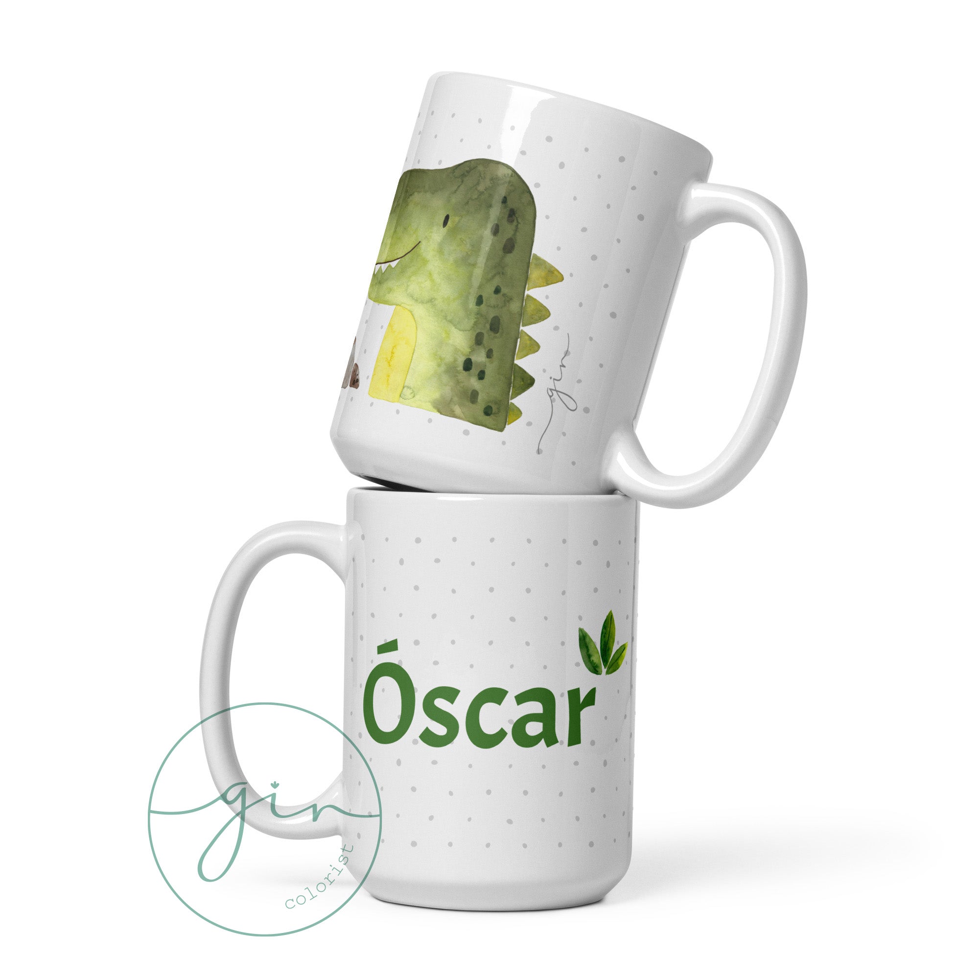 Taza cerámica infantil con dinosaurio acuarela y nombre personalizado vista frontal