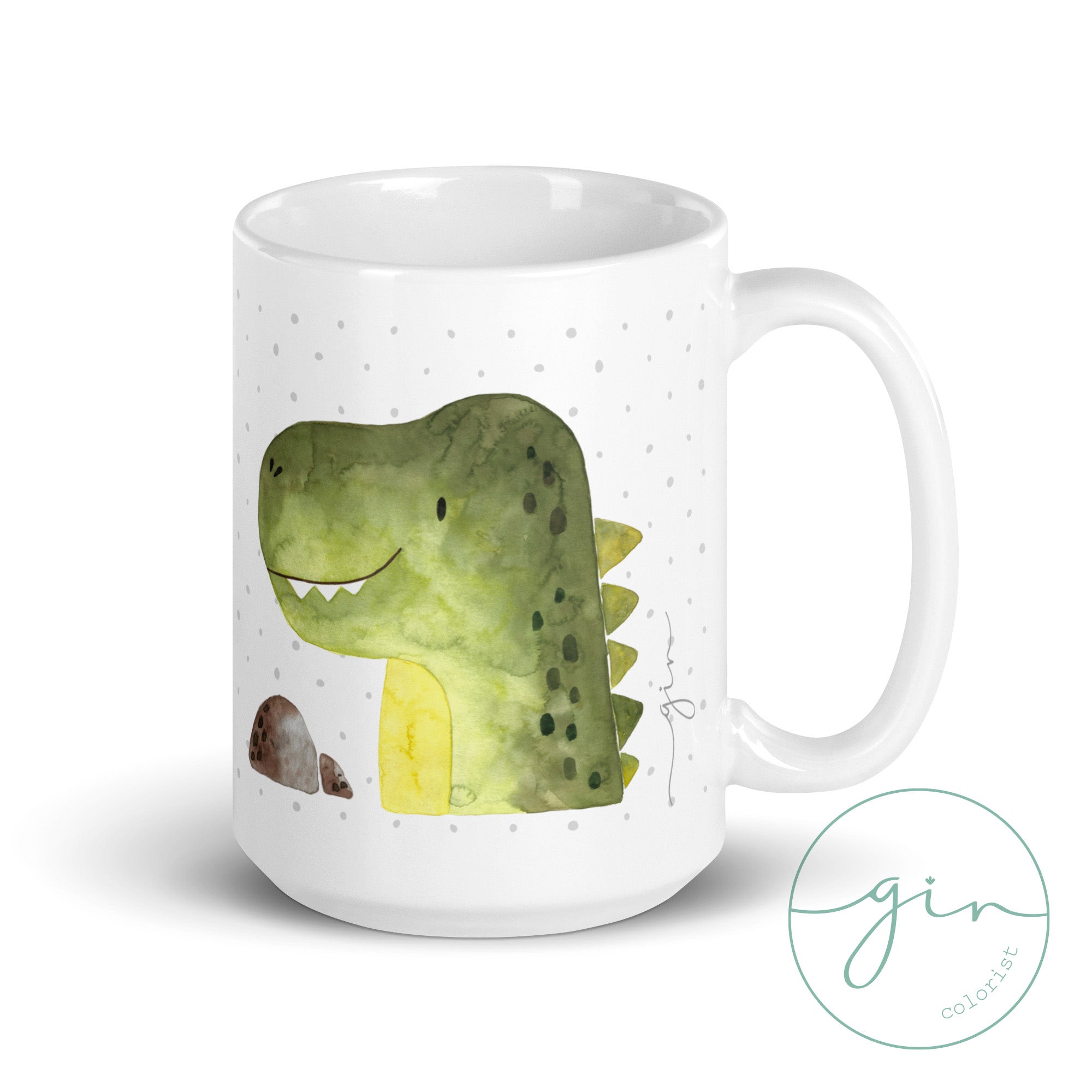 Niño desayo con taza personalizada de dinosaurio en acuarela
