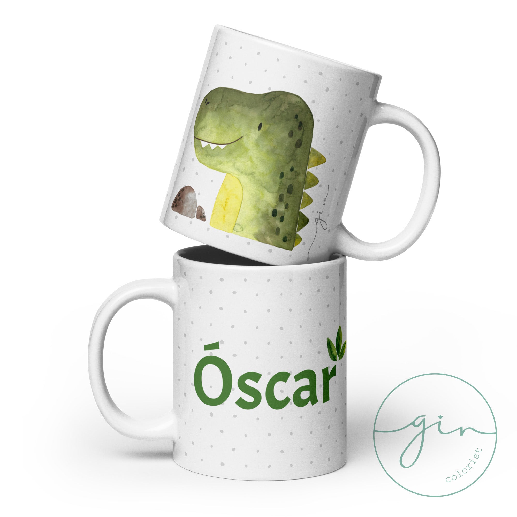 taza diseño acuarela con dinosaurio para niños personalizada