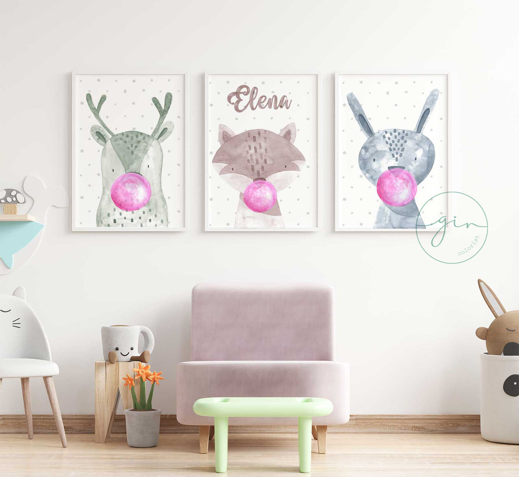 Pack 3 láminas infantiles personalizadas animales bubblegum acuarela rosa habitación niña