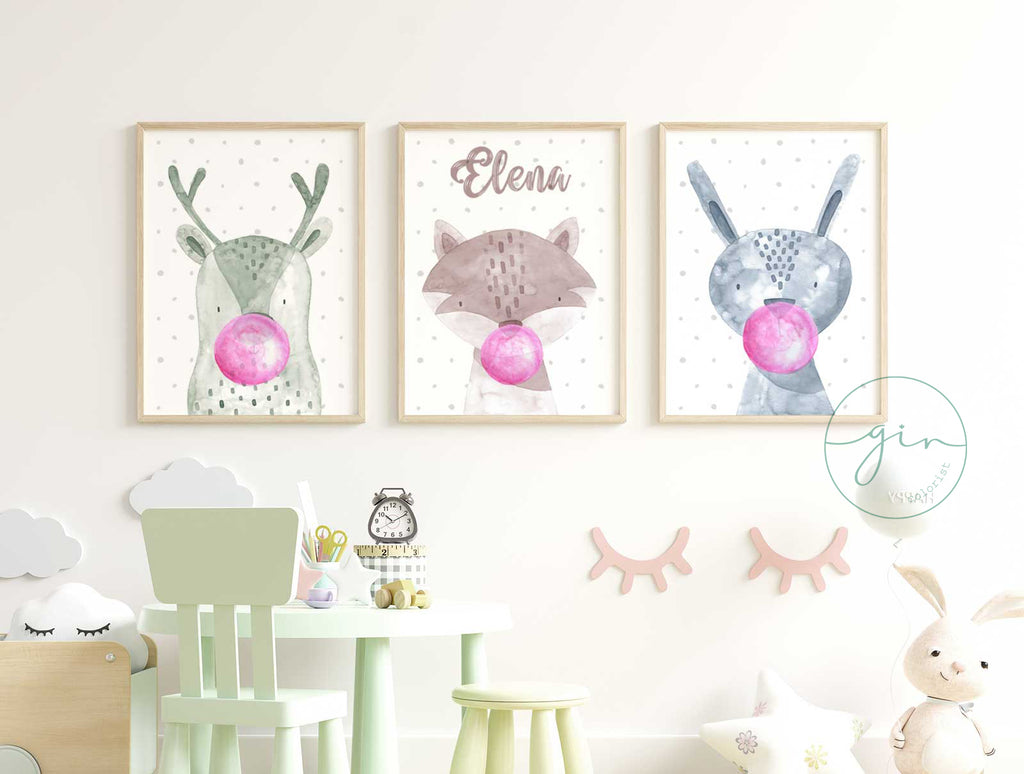 Pack 3 láminas infantiles animales bubblegum acuarela personalizadas habitación niños