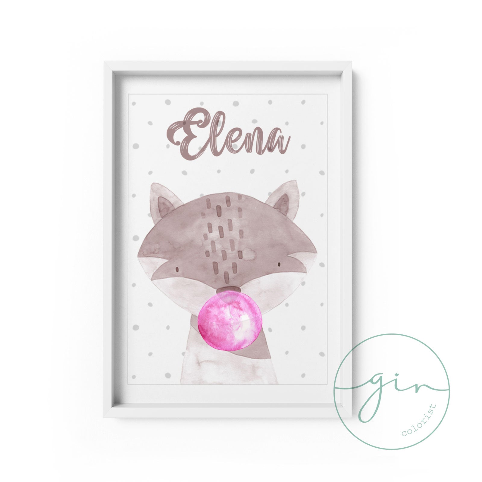 Lámina infantil personalizada zorro bubblegum acuarela con nombre niña GinColorist